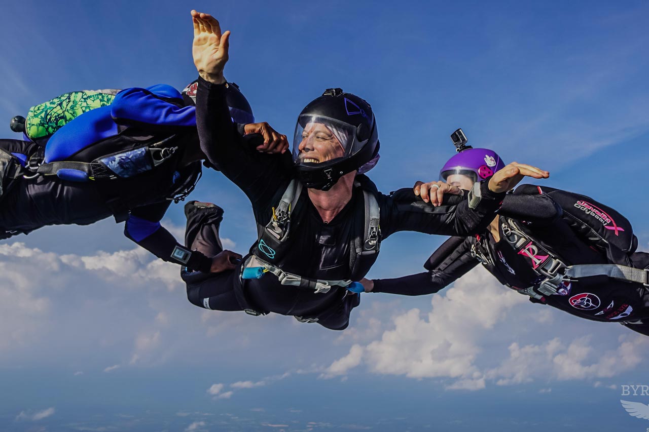 An AFF skydiving student in freefall learning to skydive with two instructors